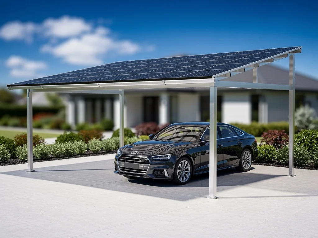 Carport solaire en aluminium abritant une voiture dans une allée
