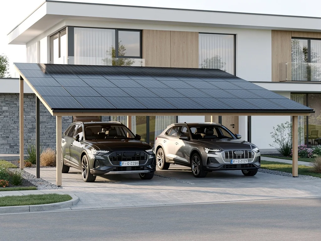 Carport solaire double abritant deux voitures devant une maison