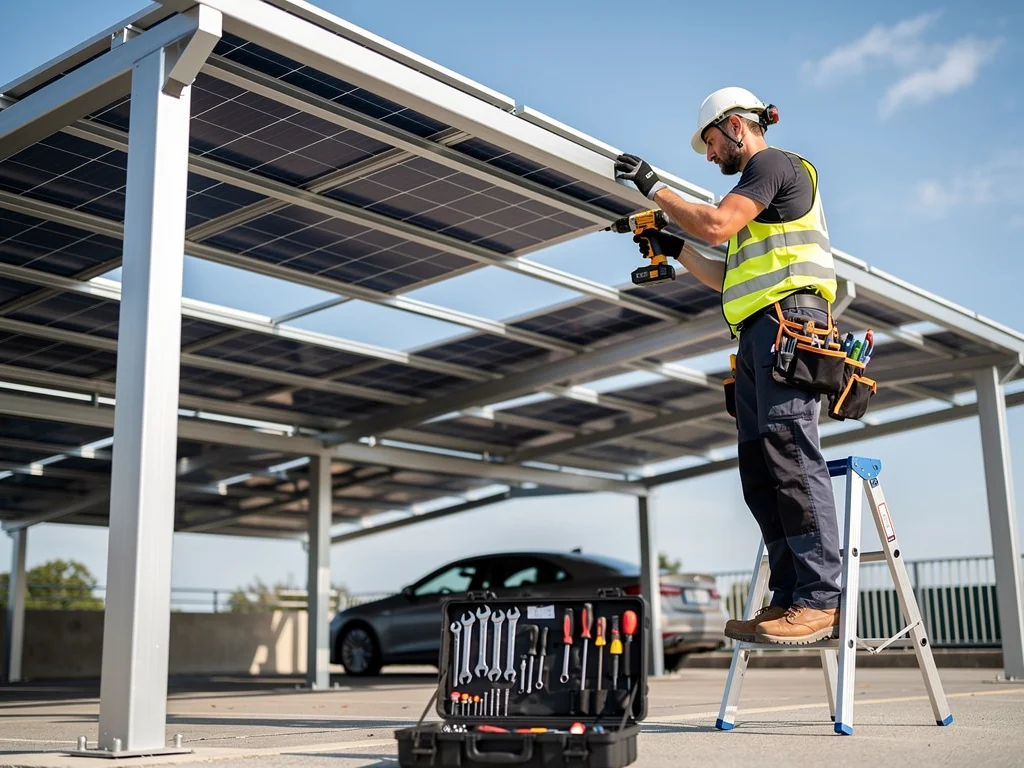 Installateur fixant un panneau solaire sur la structure d'un carport