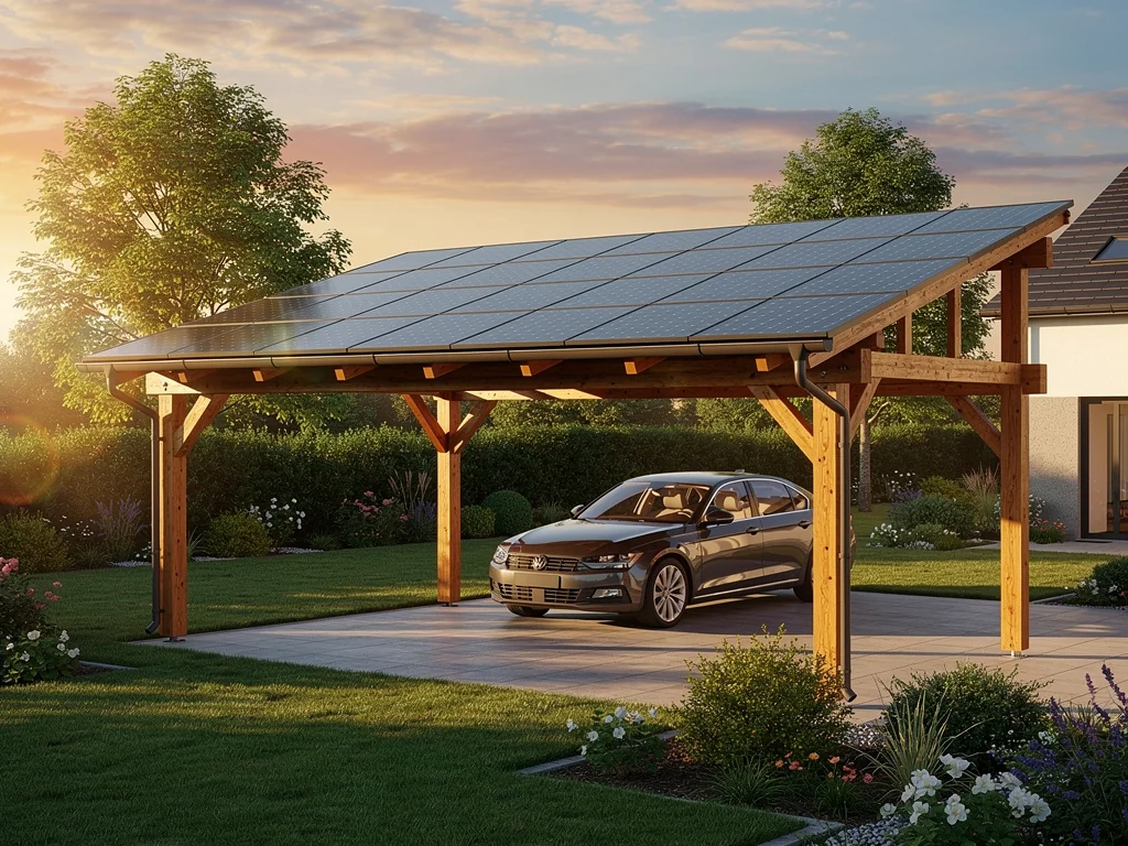 Carport solaire en bois couvert de panneaux au coucher du soleil